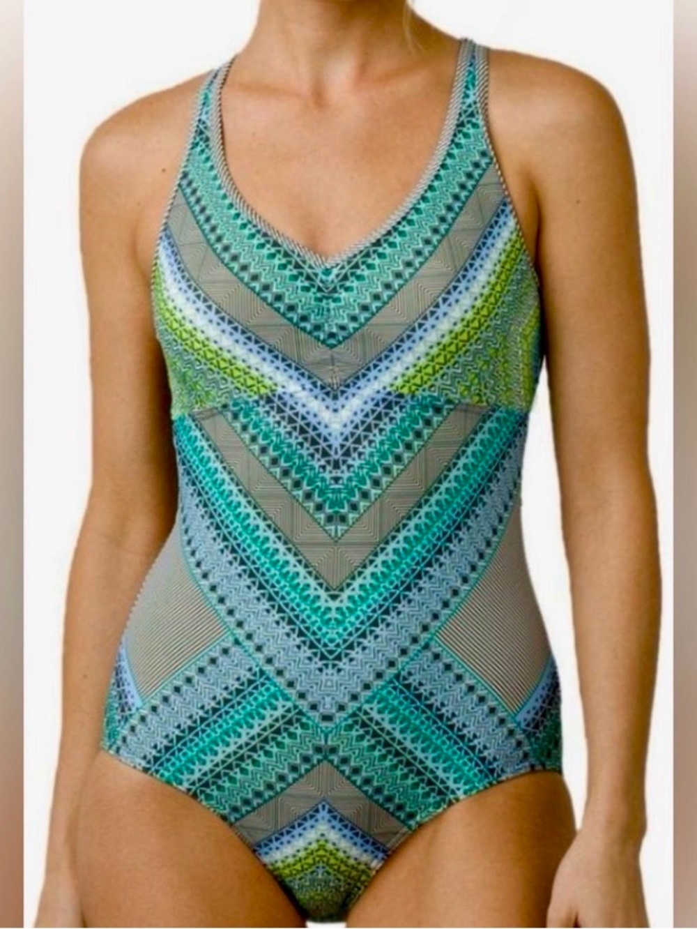 Prana Dreaming 1 Piece Swimsuit S Blue/Green Geometric Tummy Control Full Seat